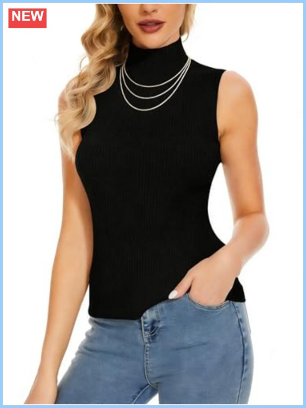 Ribbed Knit Sleeveless Mock Turtleneck Tank Top Fitted Layering Shirt